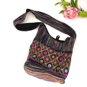 Nepalese Sling Bag Floral Embroidered Serape Base Space Dye Crossbody Zip Close